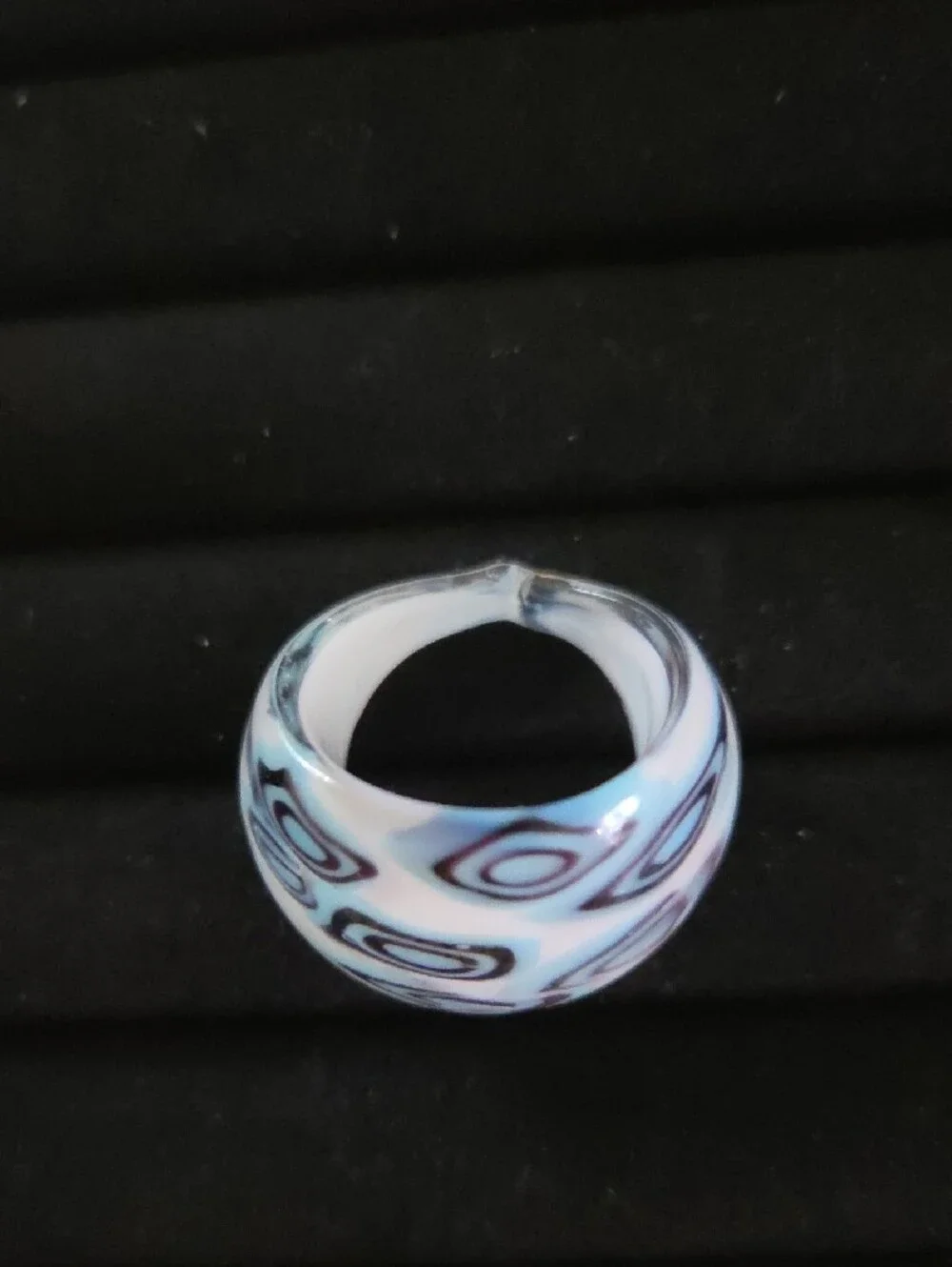 Glass Dome Statement Ring with Black, Blue Geometric Pattern Sz 7